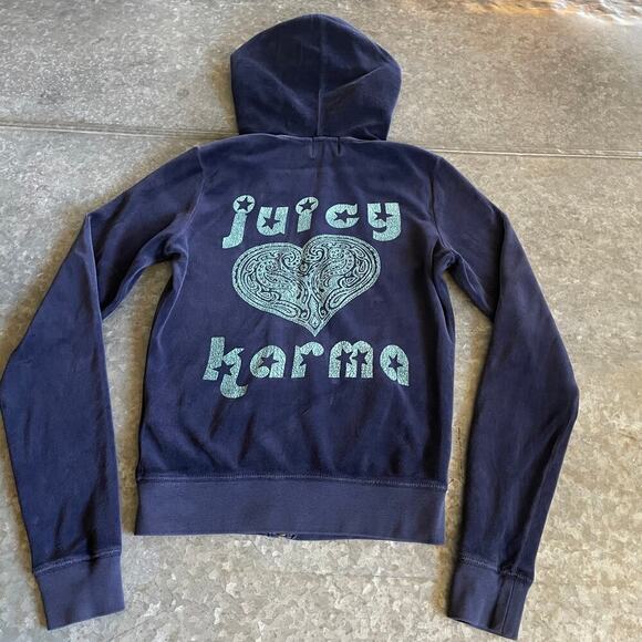 Vintage Y2K Juicy Couture KARMA Heart Velour Track Jacket Hoodie Small Blue USA - Picture 1 of 10